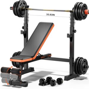 770lbs Weight Bench Set with Squat Rack, 5 in 1 Workout Bench Press With Removable Foot Catch, Adjustable Flat Incline Sit Up Bench for Home Gym Full Body Strength Training